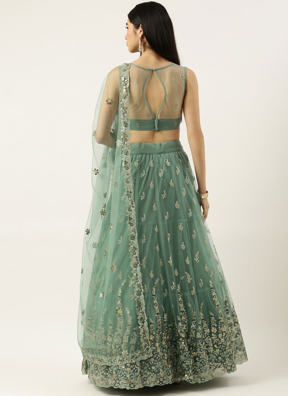 Lehenga Choli Net Sea Green Embroidered Lehenga Choli