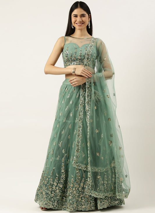 Lehenga Choli Net Sea Green Embroidered Lehenga Choli