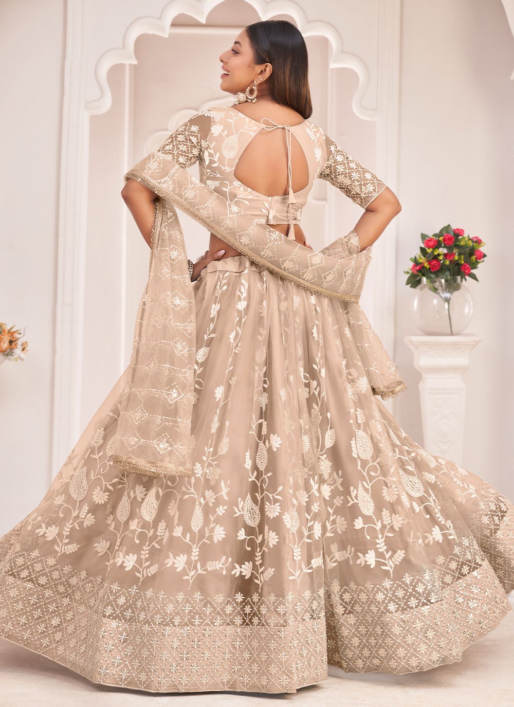 Lehenga Choli Net Beige Embroidered Lehenga Choli