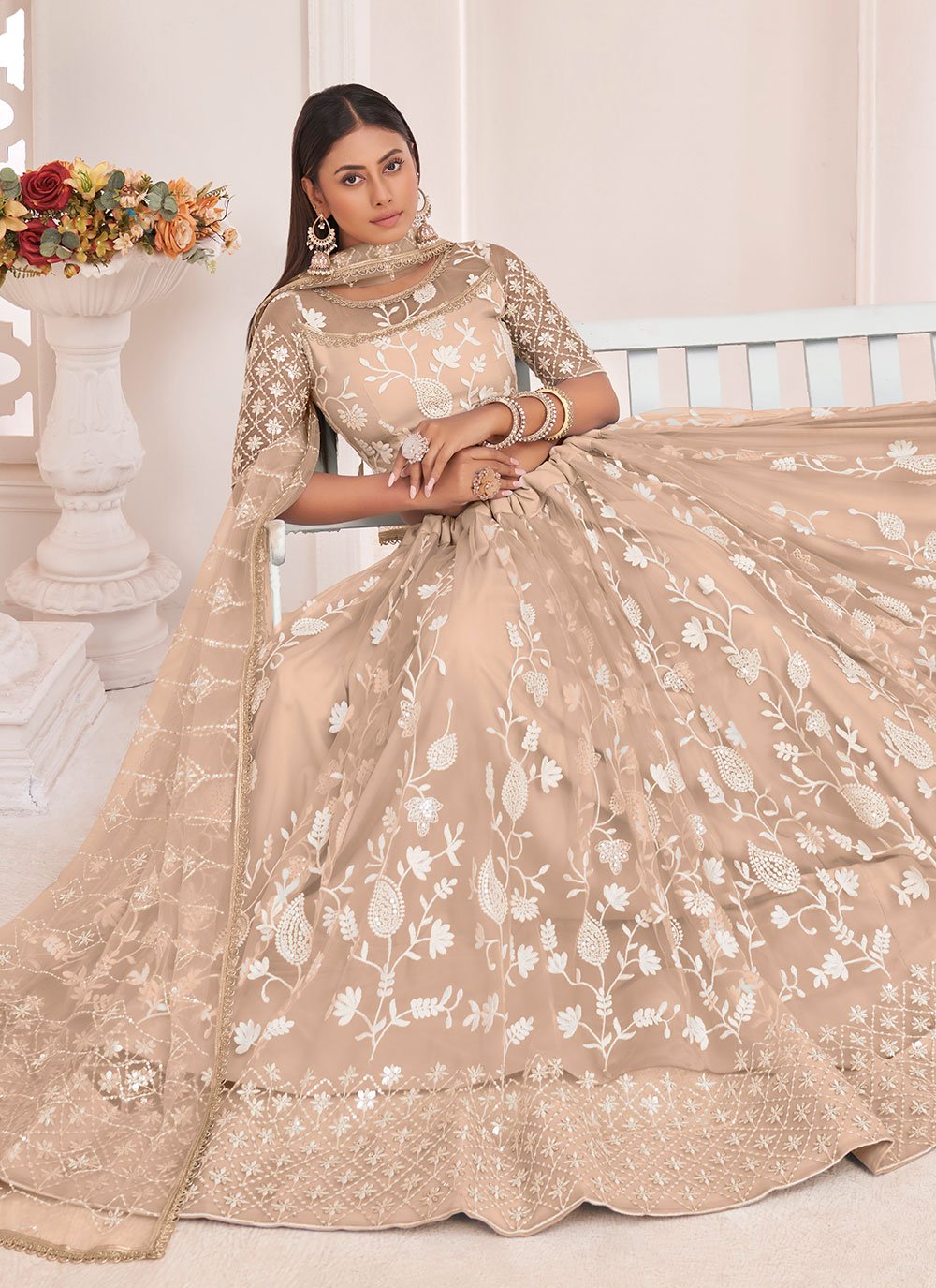 Lehenga Choli Net Beige Embroidered Lehenga Choli