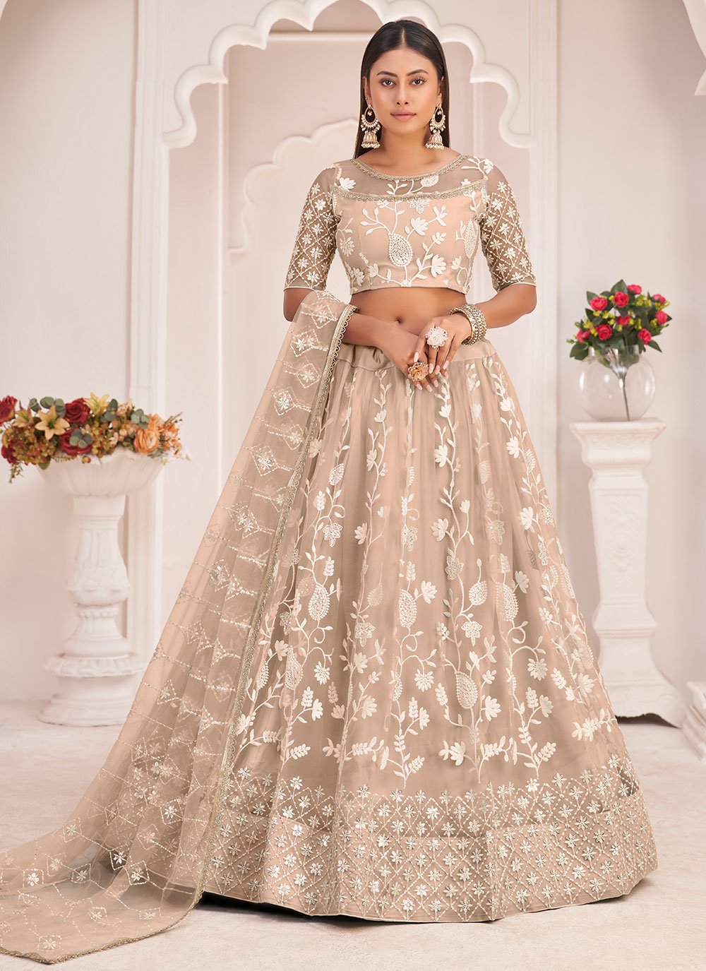 Lehenga Choli Net Beige Embroidered Lehenga Choli