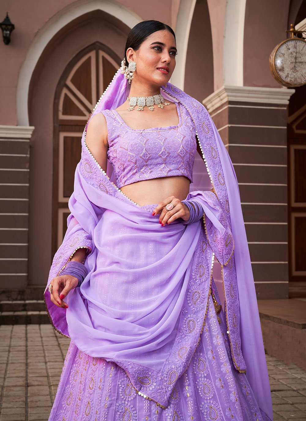 Lehenga Choli Georgette Lavender Lucknowi Work Lehenga Choli