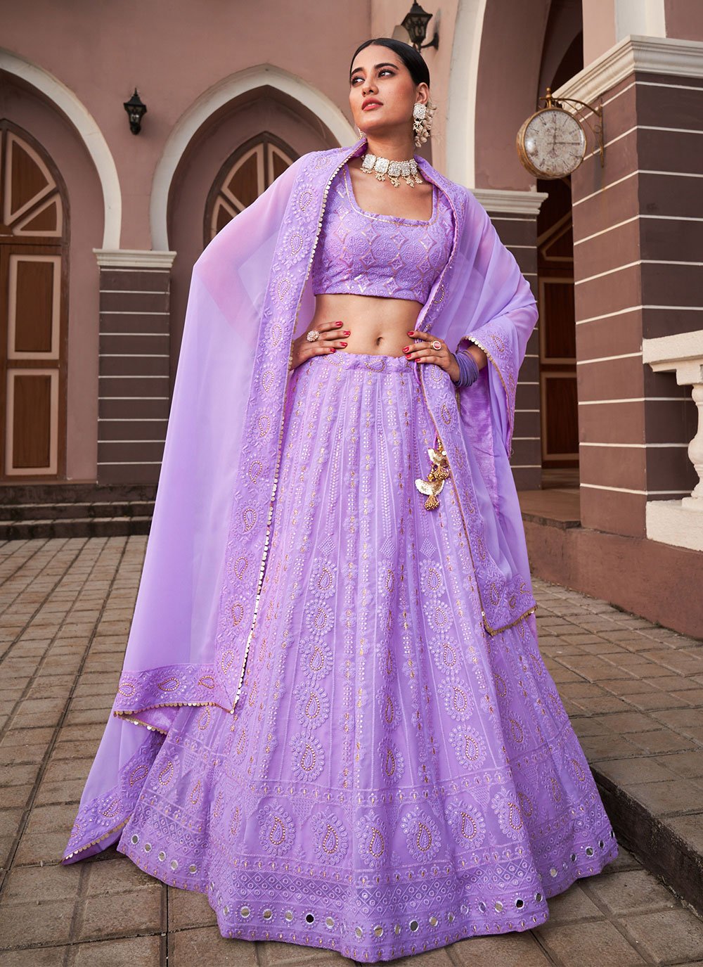 Lehenga Choli Georgette Lavender Lucknowi Work Lehenga Choli