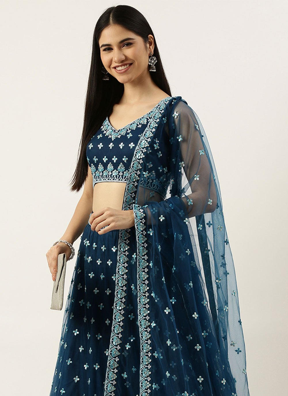 Lehenga Choli Net Blue Embroidered Lehenga Choli