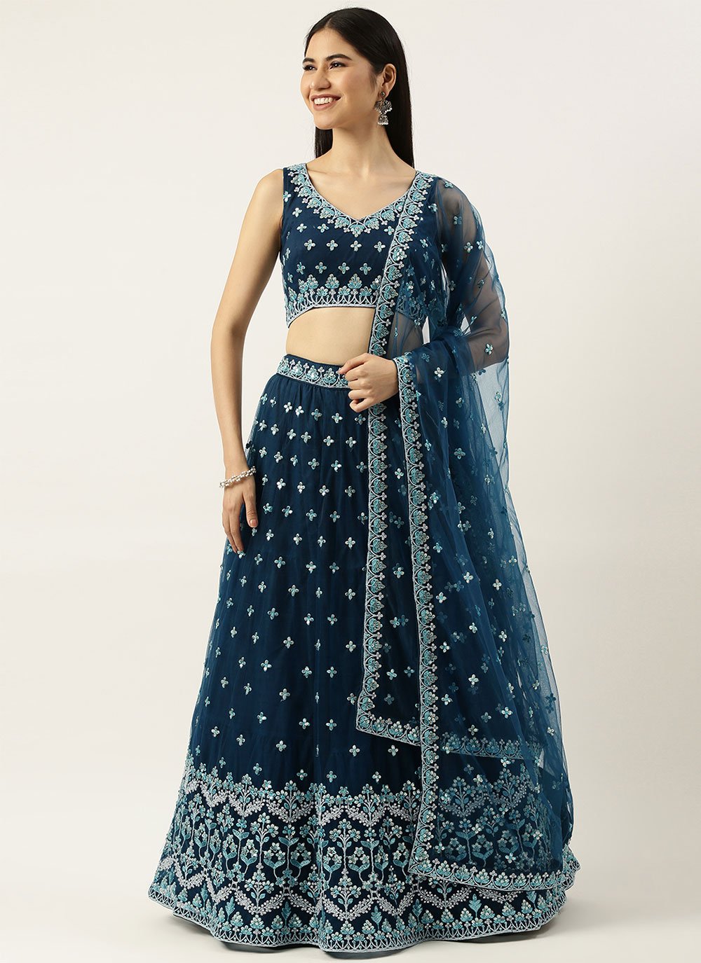 Lehenga Choli Net Blue Embroidered Lehenga Choli