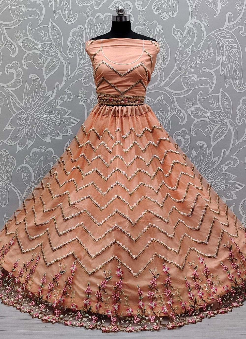 Lehenga Choli Net Peach Diamond Lehenga Choli