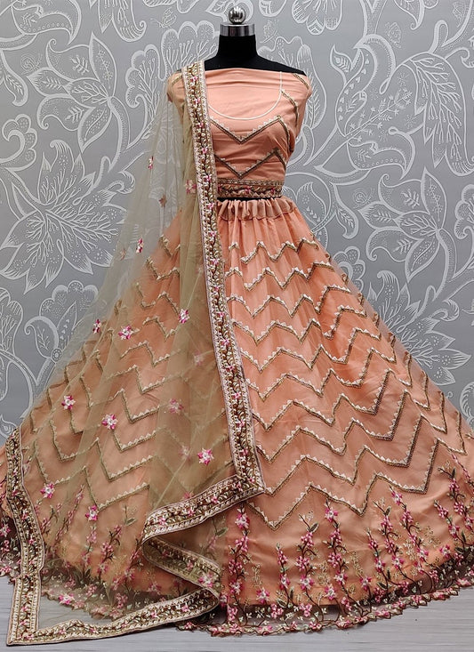 Lehenga Choli Net Peach Diamond Lehenga Choli