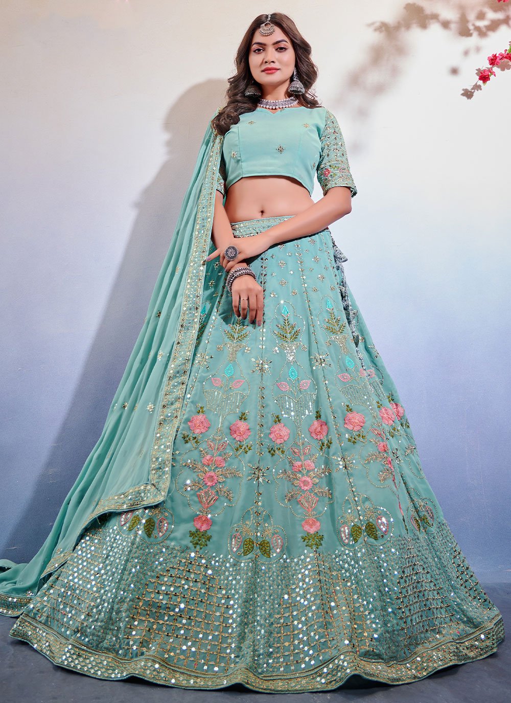 Lehenga Choli Georgette Aqua Blue Sequins Lehenga Choli