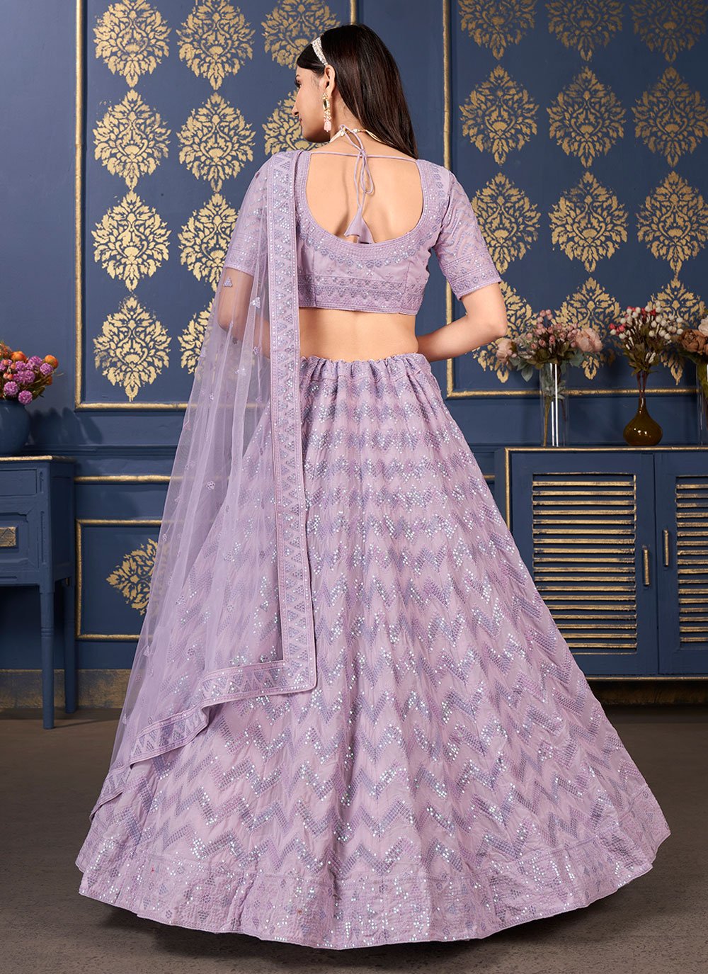 A Line Lehenga Georgette Lavender Embroidered Lehenga Choli