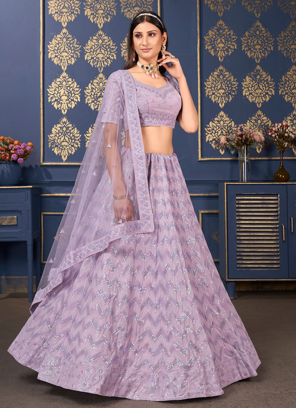 A Line Lehenga Georgette Lavender Embroidered Lehenga Choli