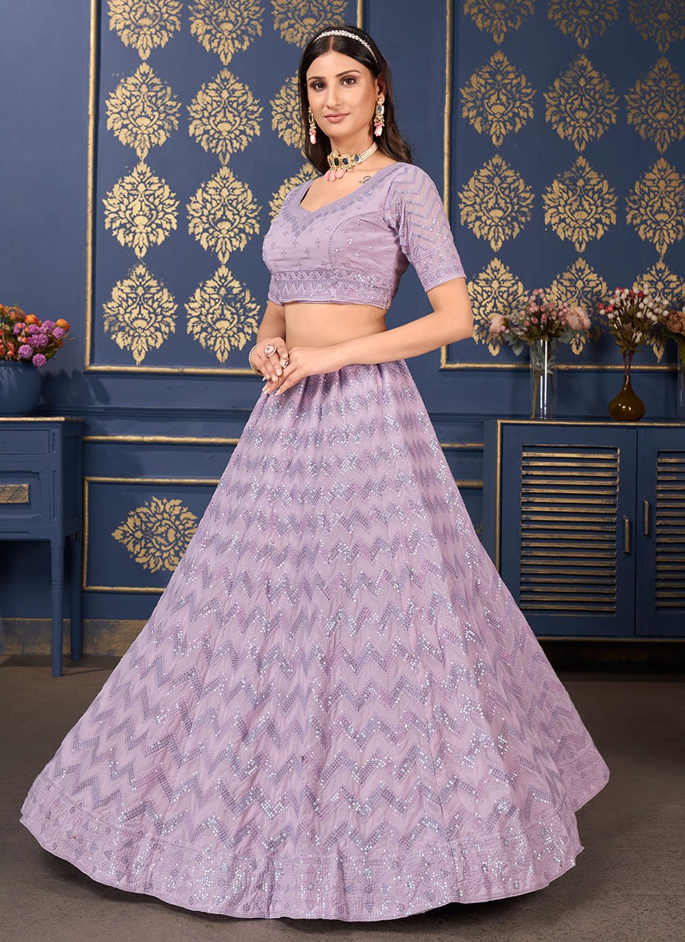 A Line Lehenga Georgette Lavender Embroidered Lehenga Choli