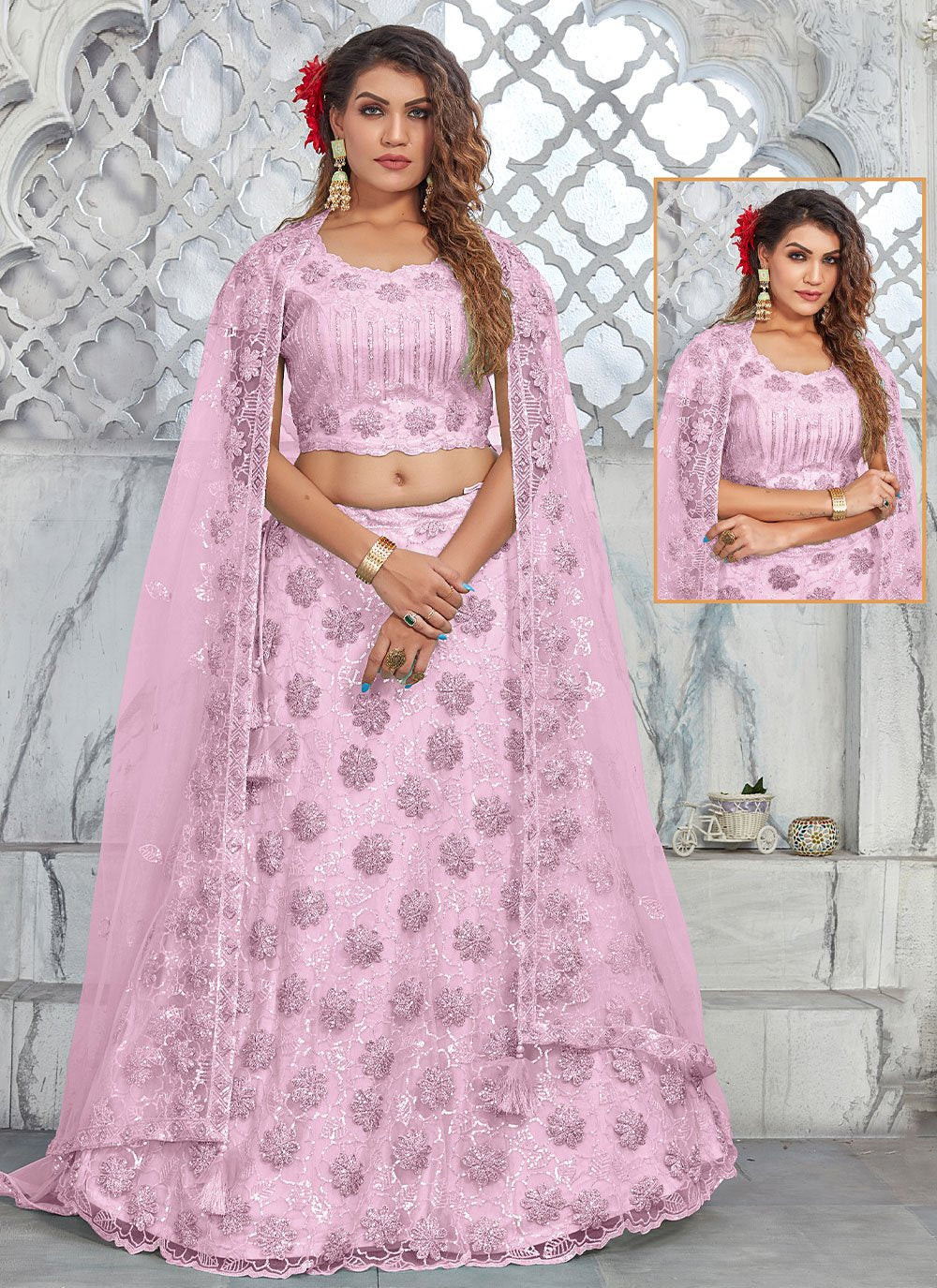 A Line Lehenga Net Pink Embroidered Lehenga Choli