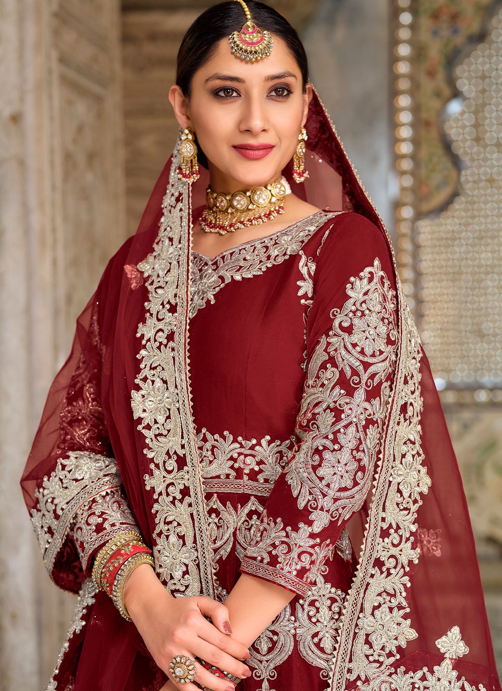 A Line Lehenga Velvet Maroon Embroidered Lehenga Choli