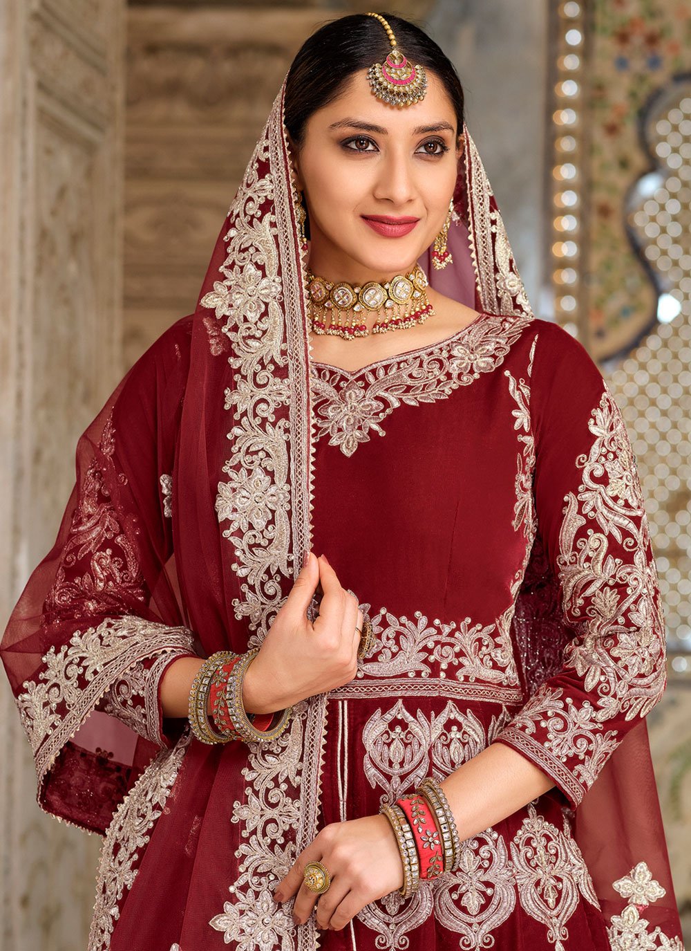 A Line Lehenga Velvet Maroon Embroidered Lehenga Choli