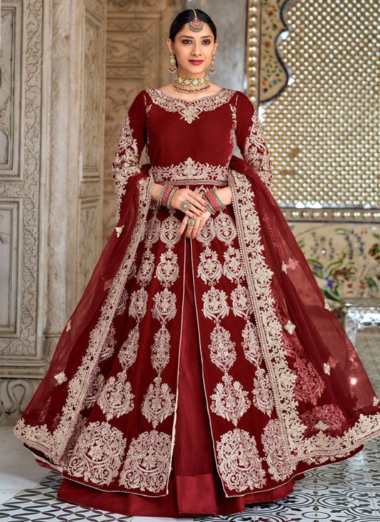 A Line Lehenga Velvet Maroon Embroidered Lehenga Choli