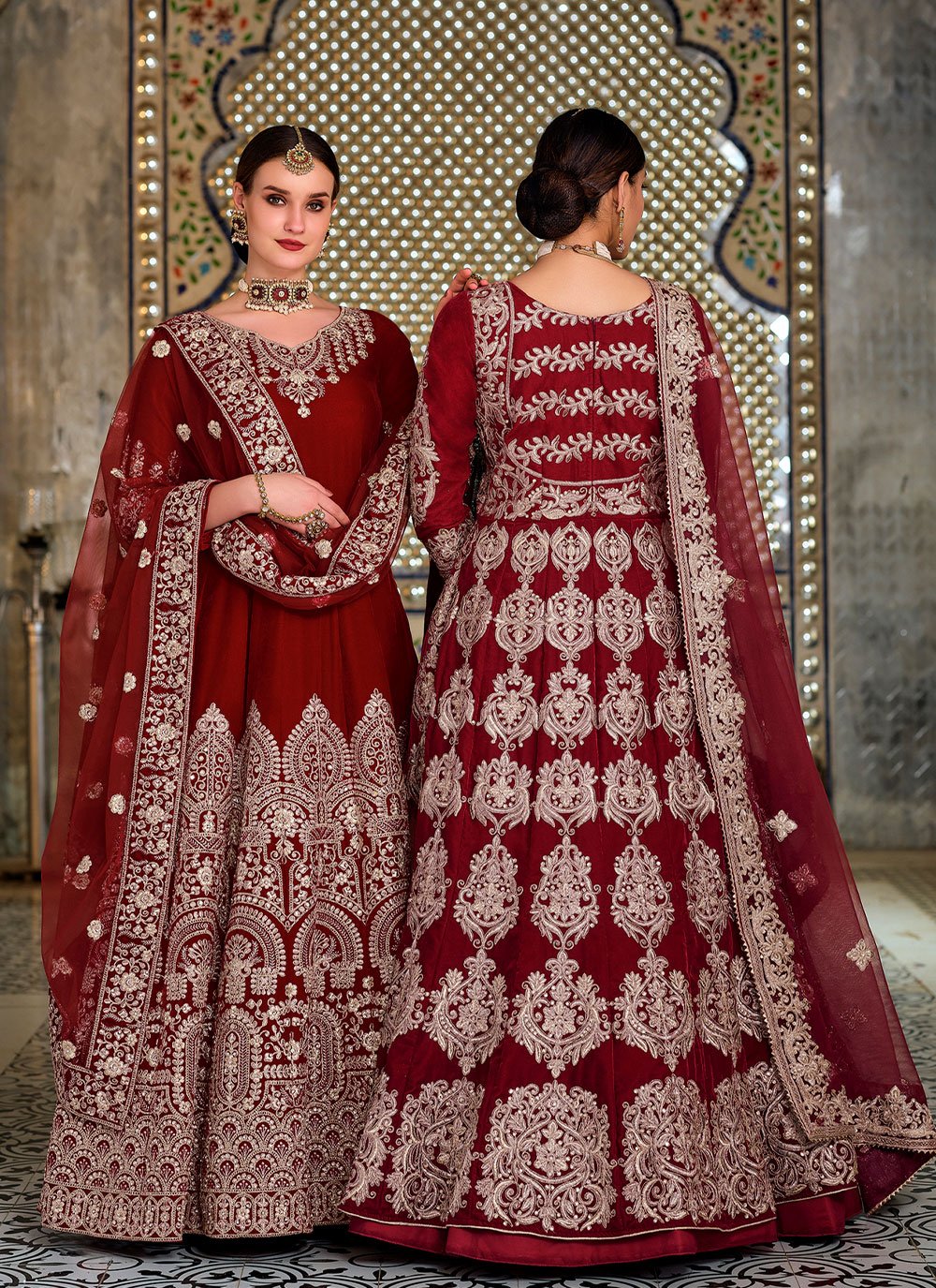 A Line Lehenga Velvet Maroon Embroidered Lehenga Choli