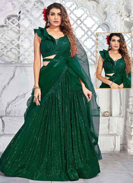 A Line Lehenga Net Green Cord Work Lehenga Choli