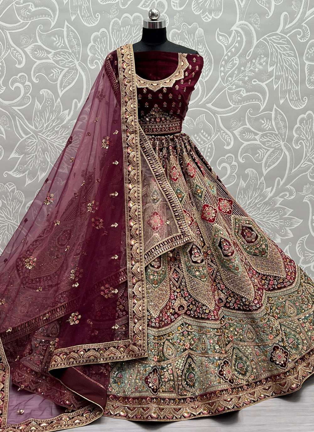 A Line Lehenga Velvet Wine Diamond Lehenga Choli