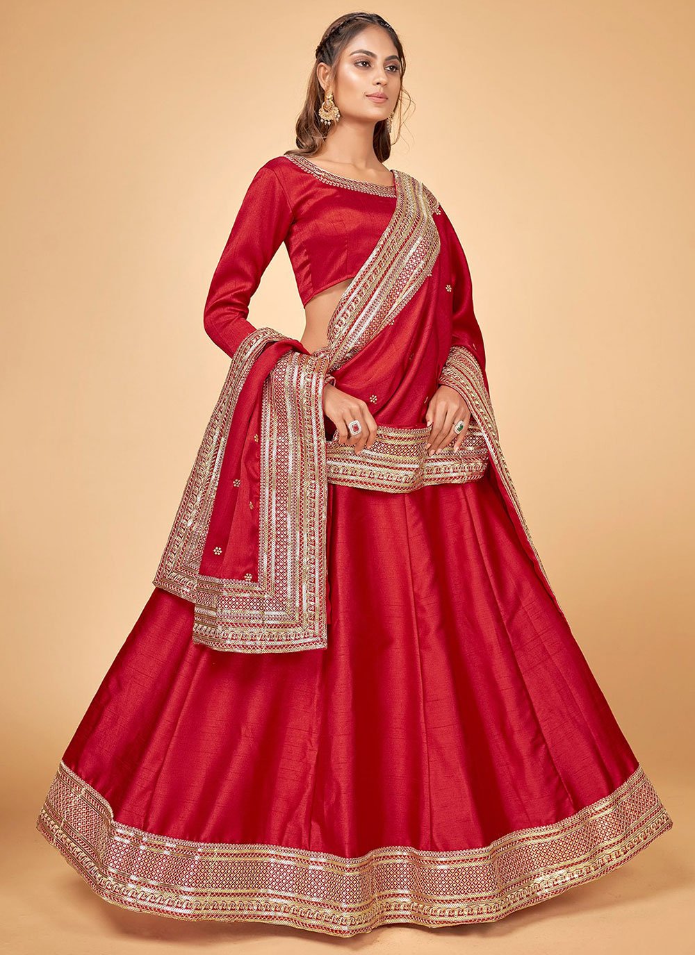 A Line Lehenga Raw Silk Red Dori Work Lehenga Choli