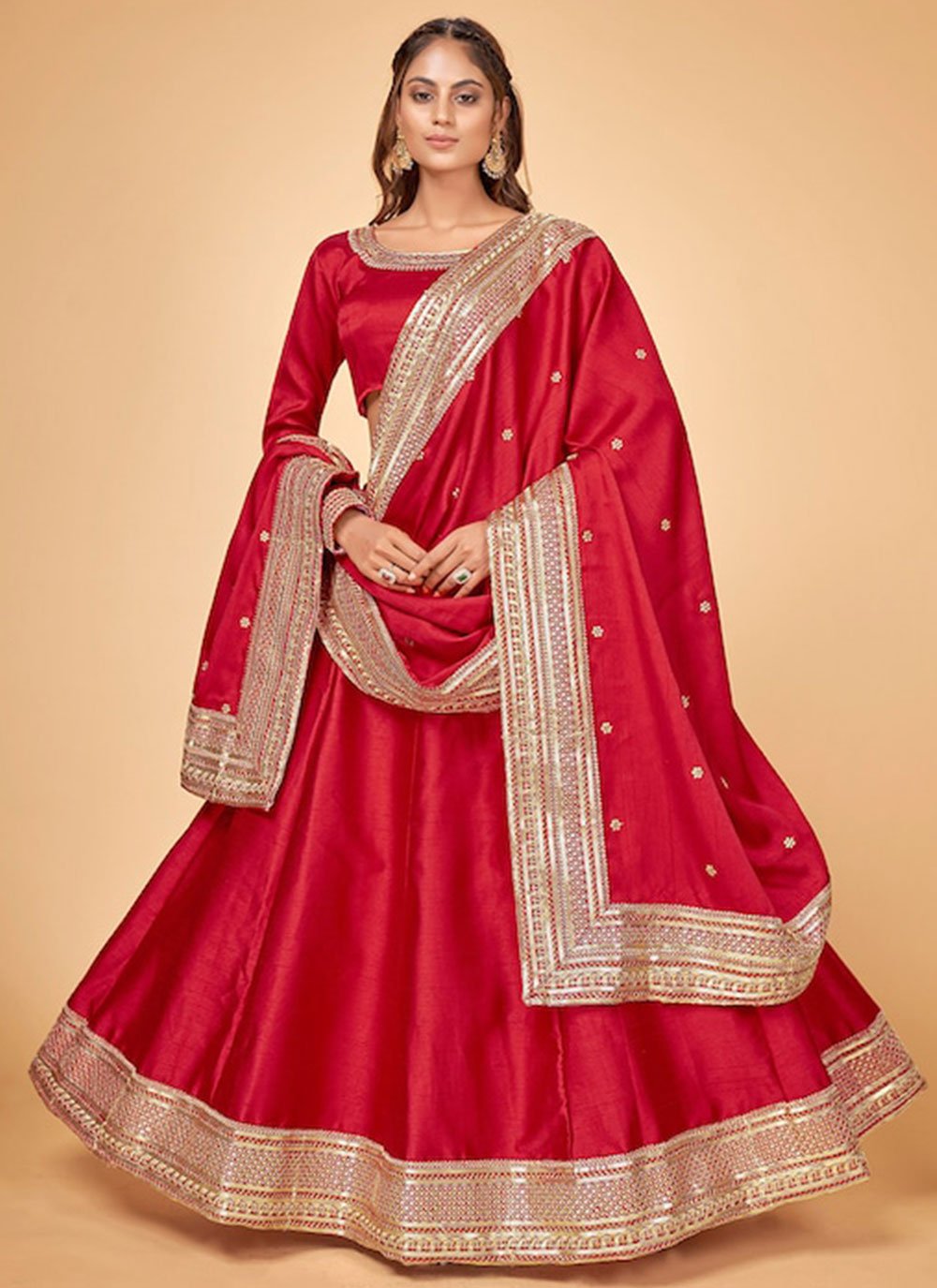 A Line Lehenga Raw Silk Red Dori Work Lehenga Choli