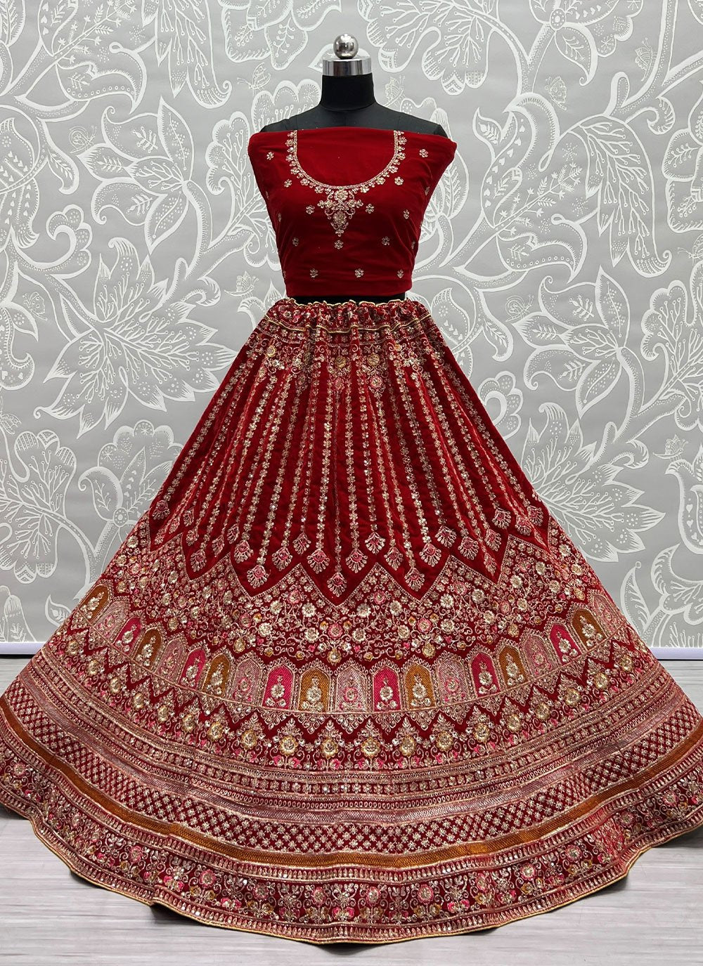 A Line Lehenga Velvet Red Diamond Lehenga Choli