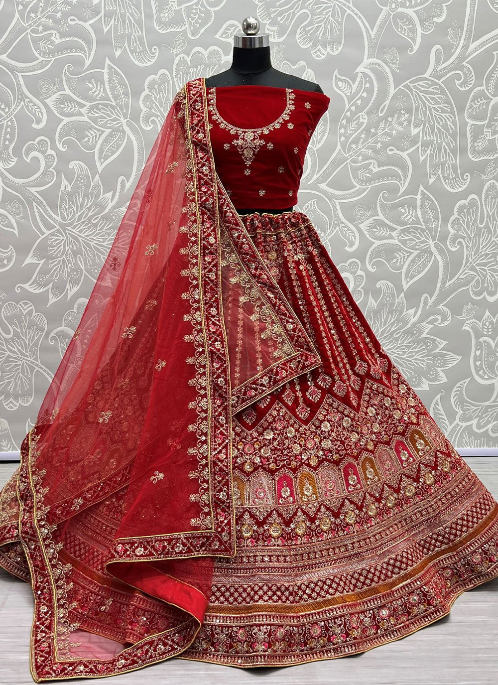 A Line Lehenga Velvet Red Diamond Lehenga Choli