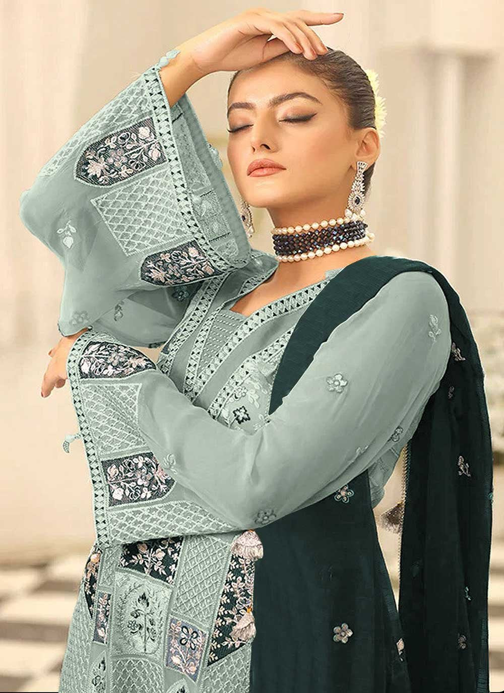 Pakistani Salwar Suit Faux Georgette Green Embroidered Salwar Kameez