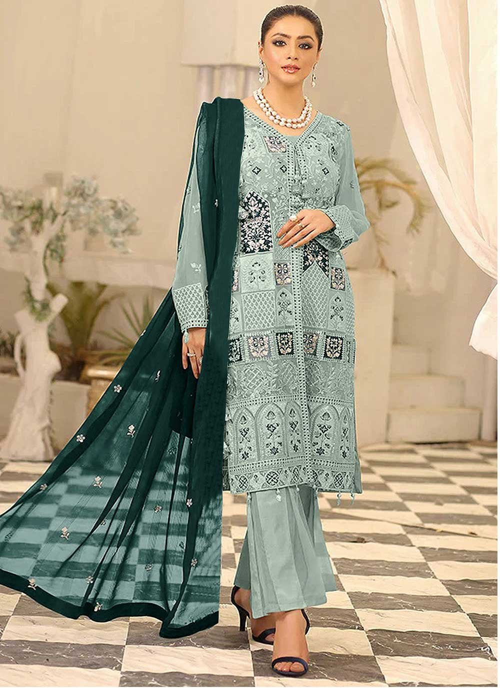 Pakistani Salwar Suit Faux Georgette Green Embroidered Salwar Kameez