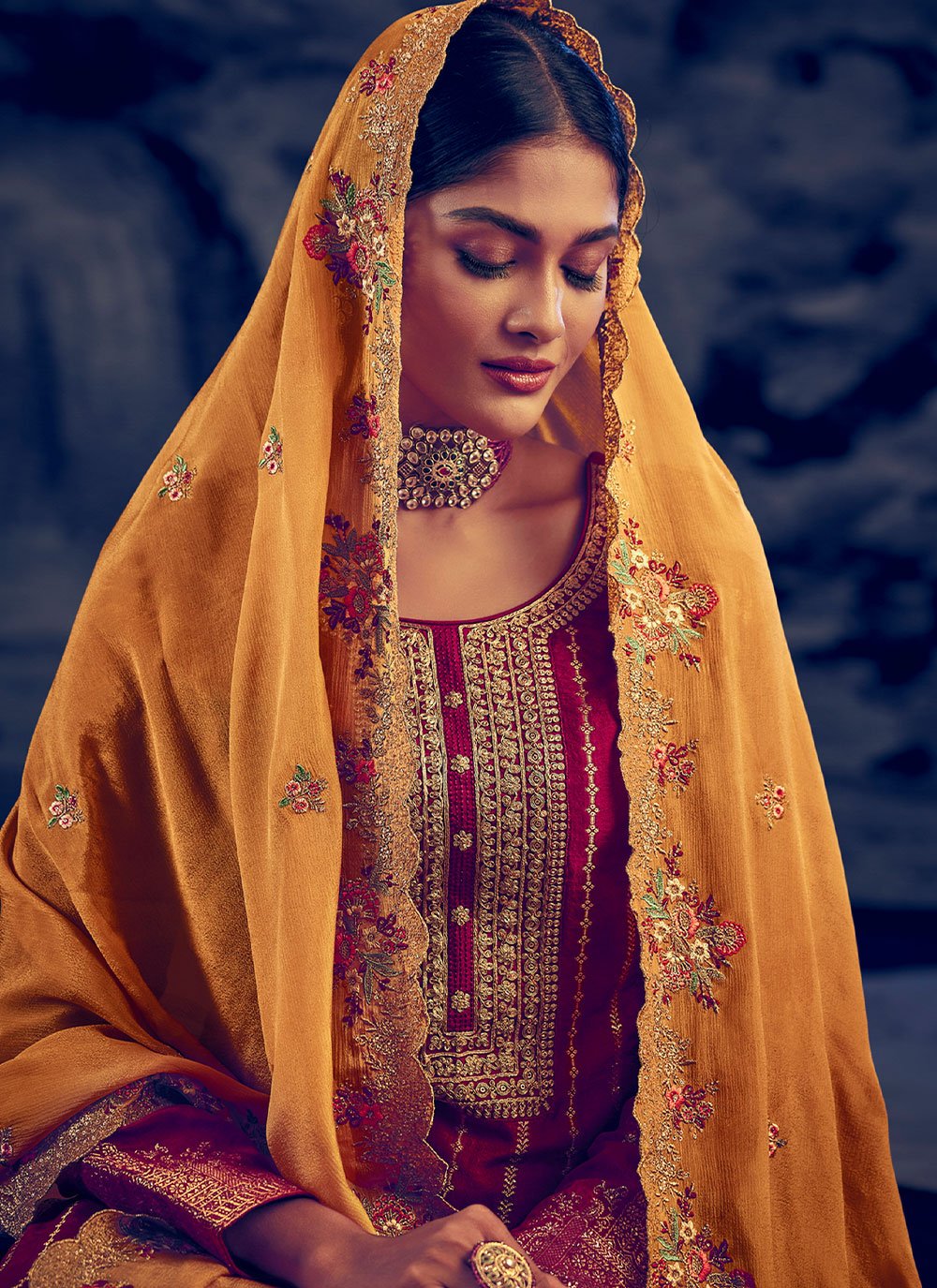 Pakistani Salwar Suit Pure Silk Magenta Embroidered Salwar Kameez