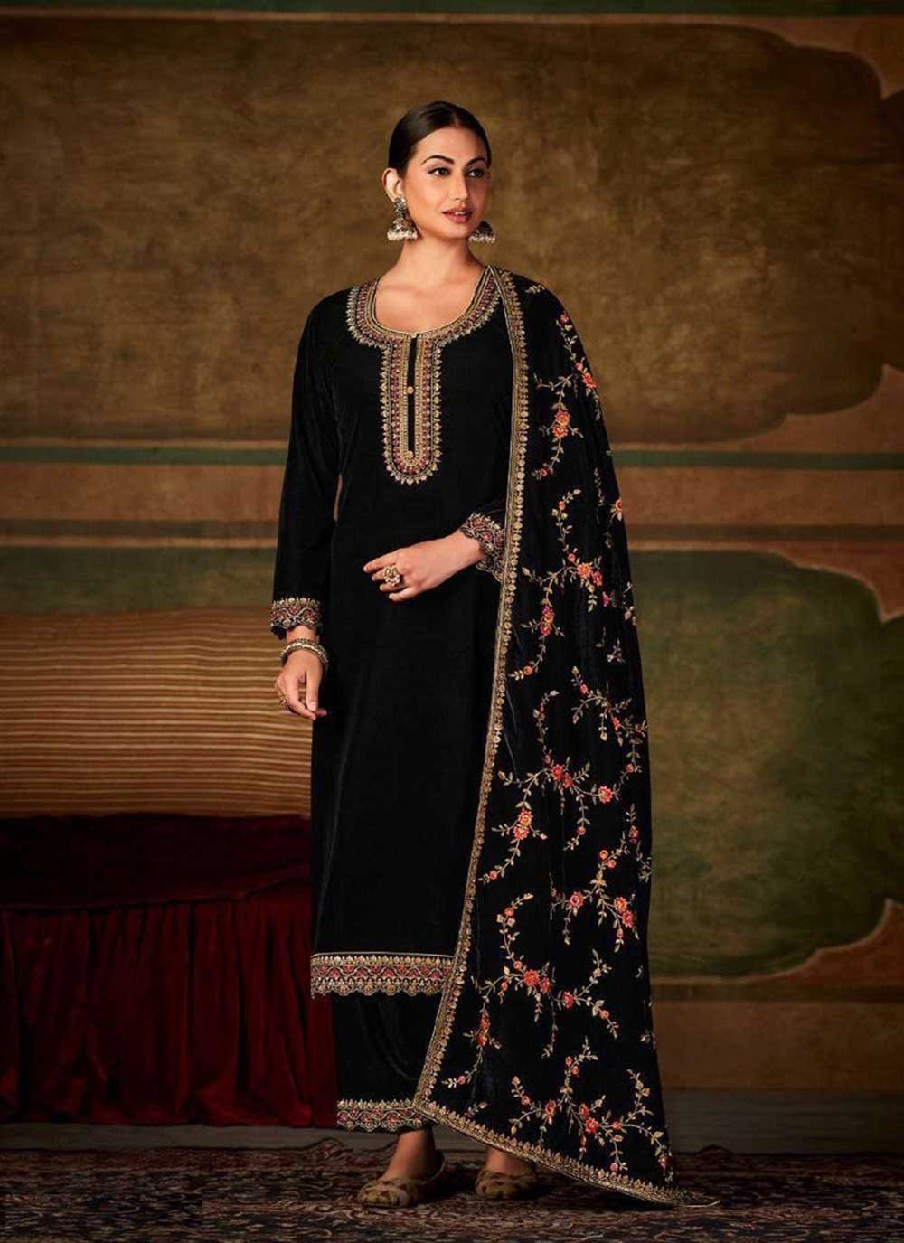 Palazzo Salwar Suit Velvet Black Embroidered Salwar Kameez
