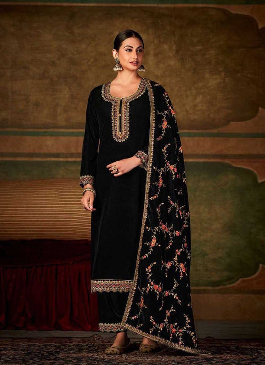 Palazzo Salwar Suit Velvet Black Embroidered Salwar Kameez