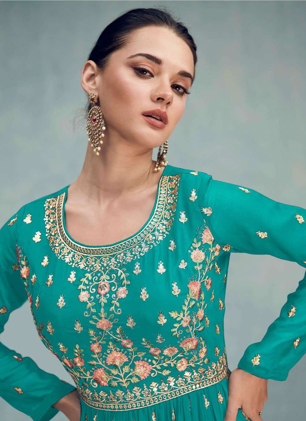 Salwar Suit Georgette Sea Green Embroidered Salwar Kameez