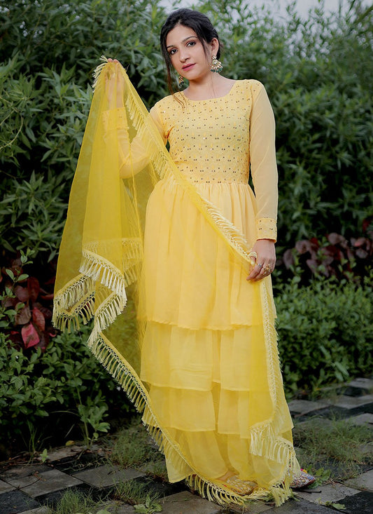 Salwar Suit Faux Georgette Yellow Embroidered Salwar Kameez