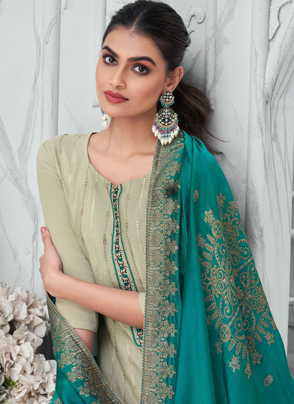 Salwar Suit Chinon Sea Green Embroidered Salwar Kameez