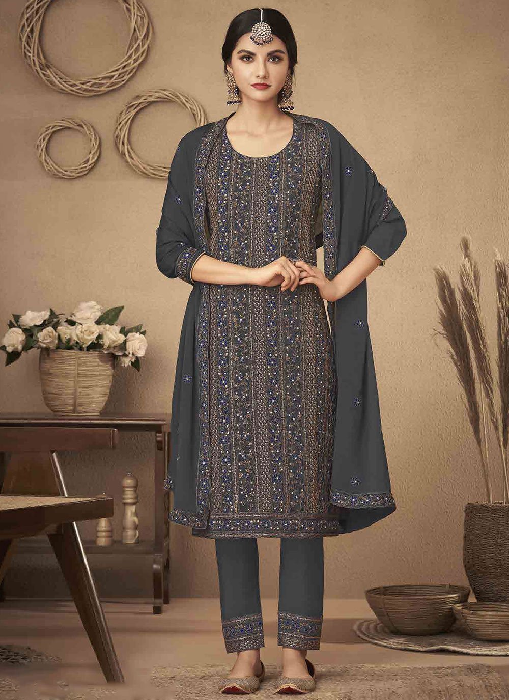 Salwar Suit Chinon Grey Embroidered Salwar Kameez