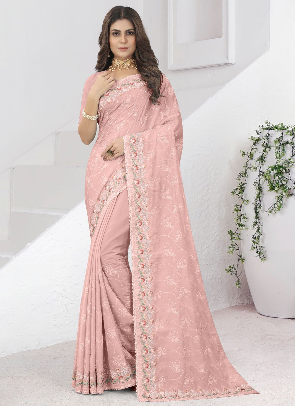 Designer Silk Peach Diamond Saree