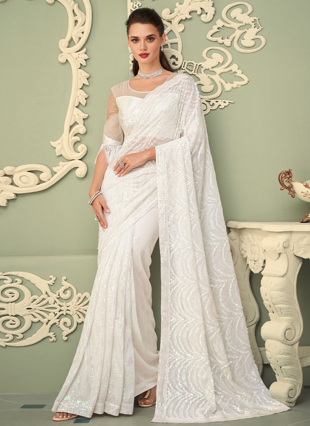 Designer Georgette White Embroidered Saree