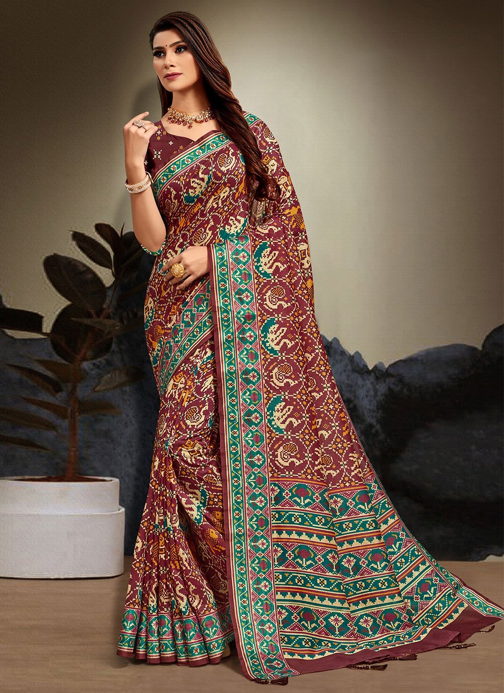 Designer Cotton Maroon Print Saree