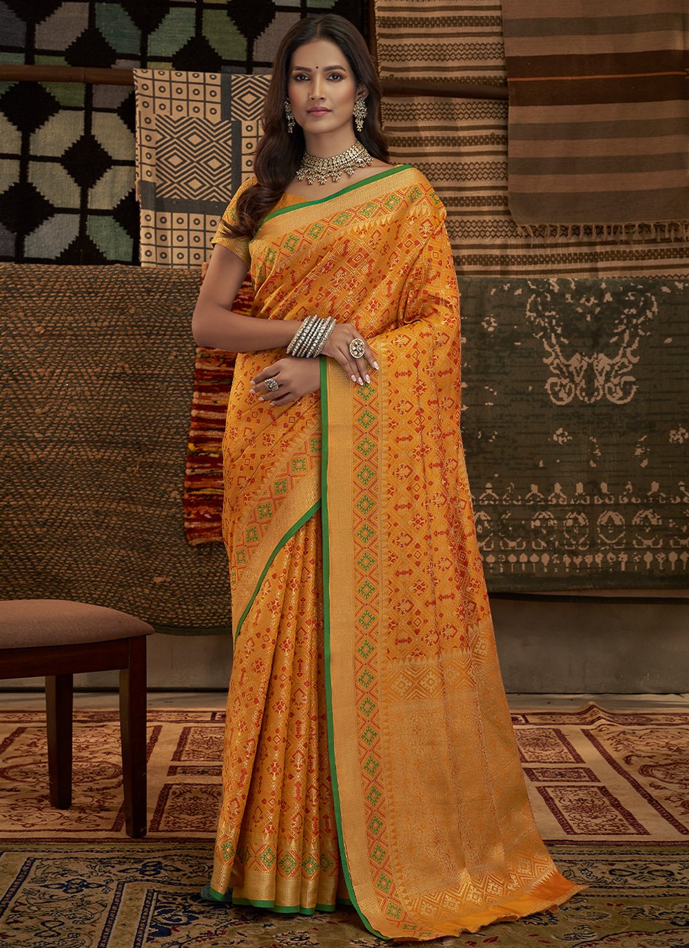 Designer Silk Orange Weaving Saree