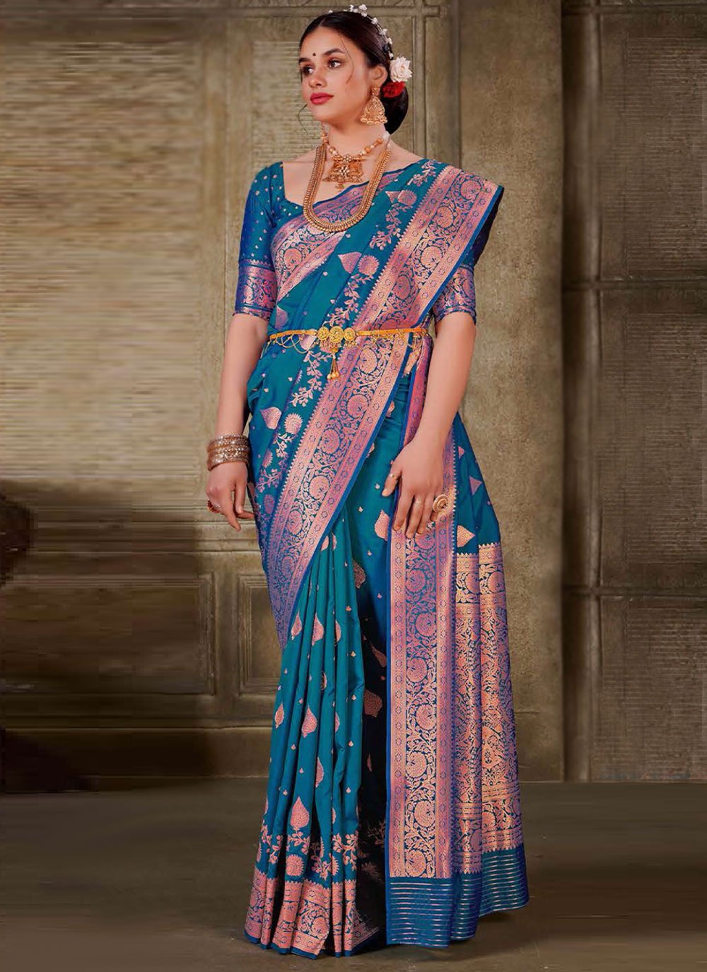 Designer Silk Aqua Blue Weaving Saree