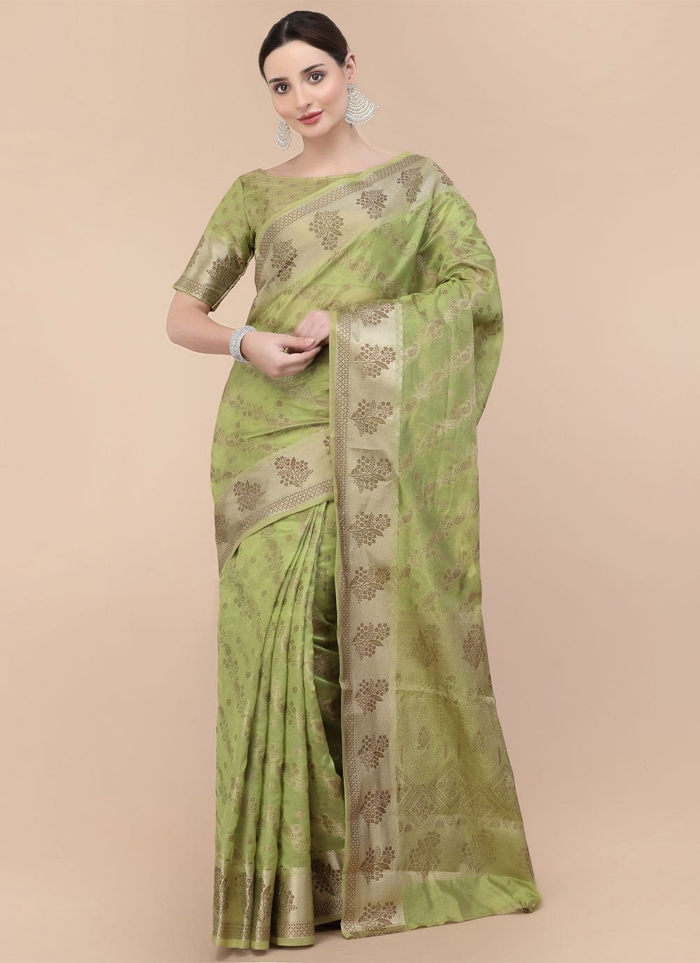 Designer Organza Green Patch Border Saree