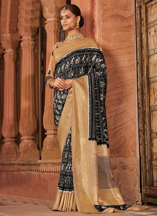 Designer Silk Beige Black Patola Print Saree