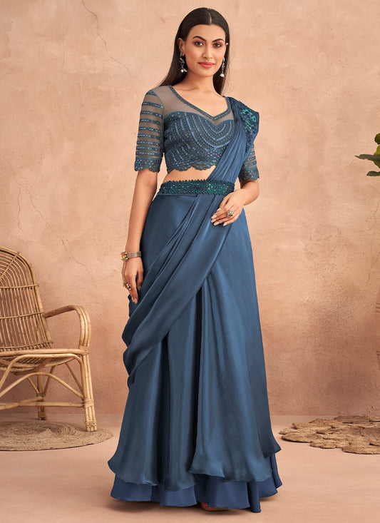 Designer Silk Teal Embroidered Saree