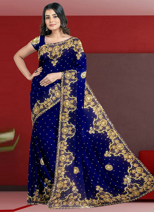 Designer Georgette Blue Embroidered Saree