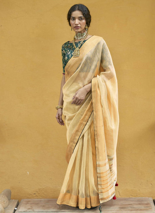 Designer Cotton Yellow Plain Saree