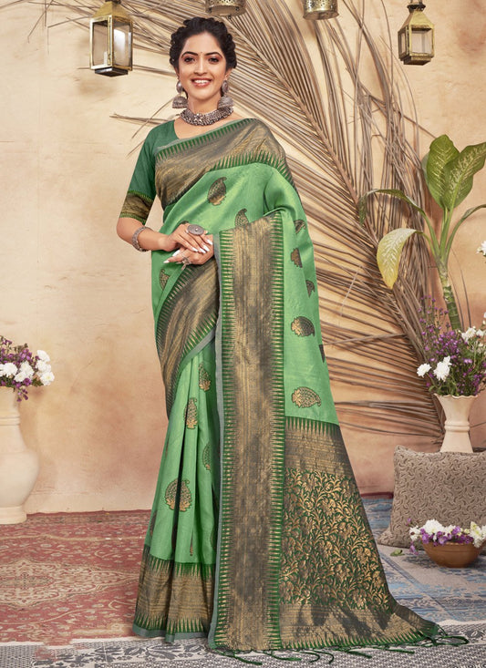 Designer Cotton Green Foil Print Saree