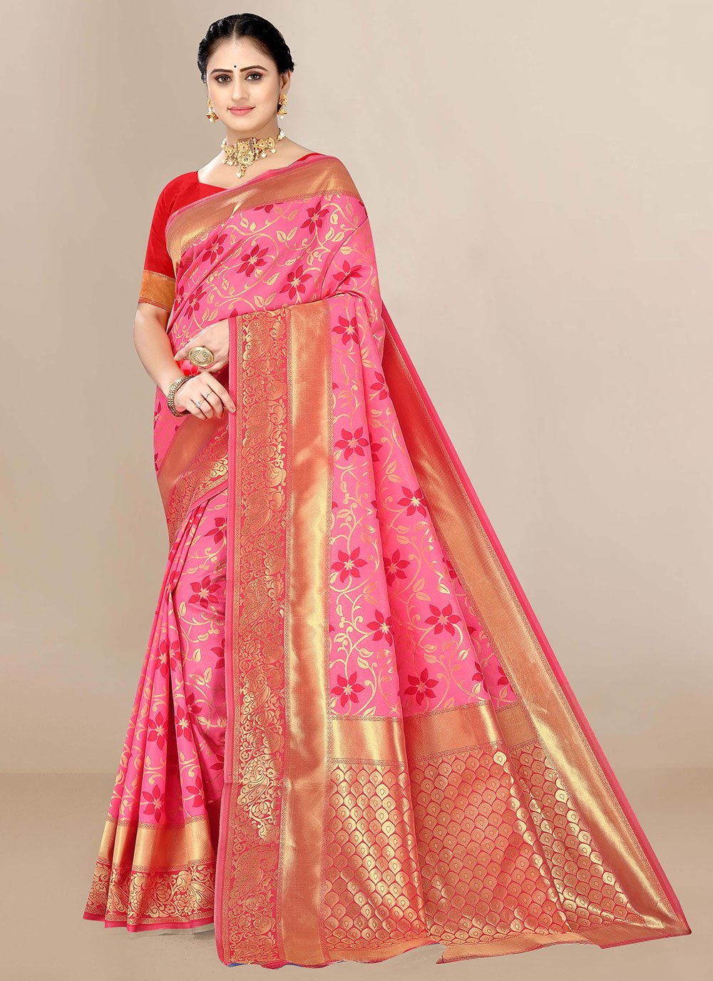 Designer Banarasi Silk Pink Jacquard Work Saree