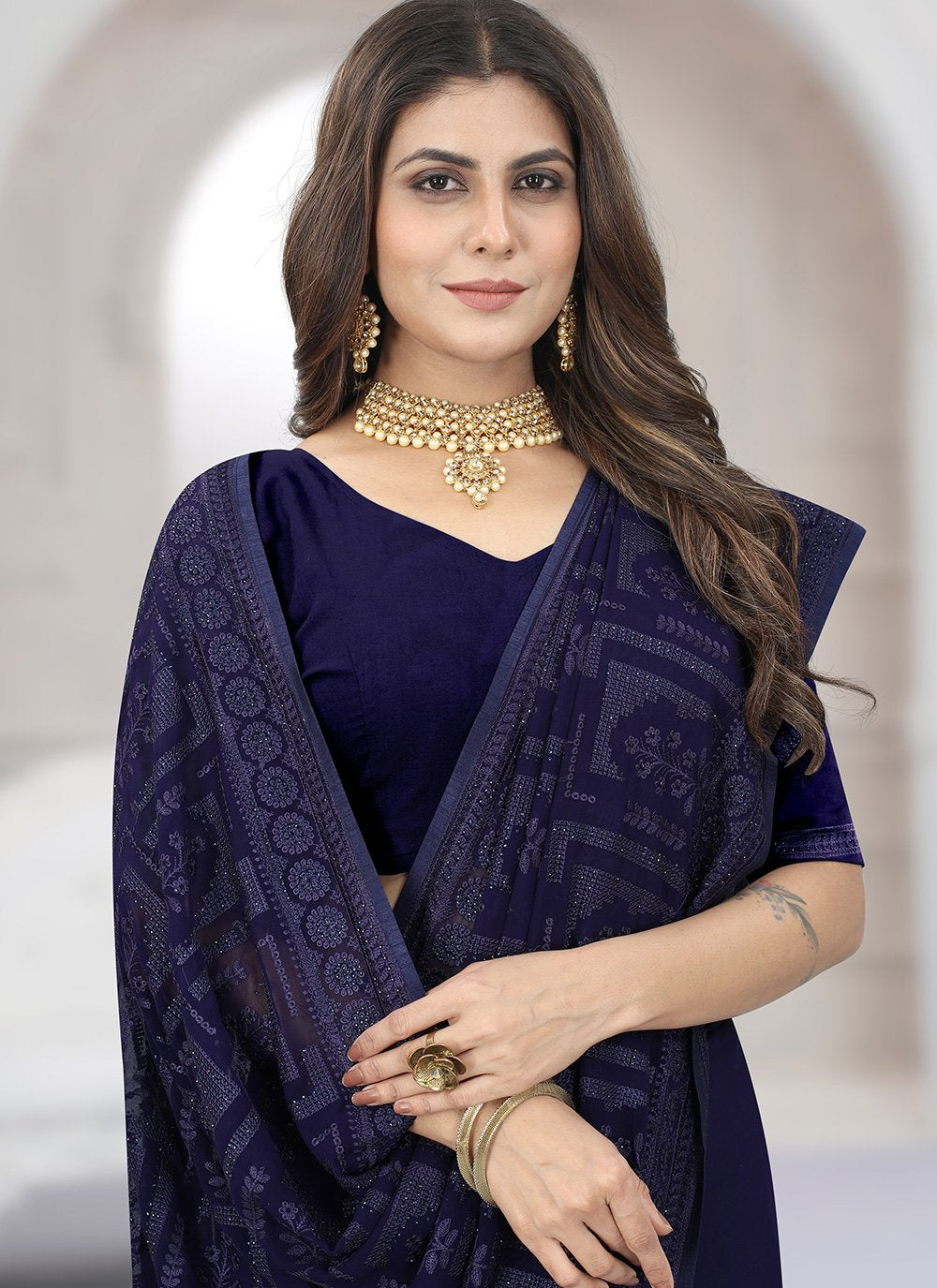 Designer Georgette Purple Embroidered Saree