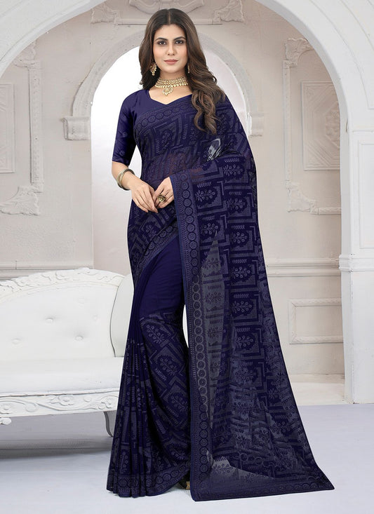 Designer Georgette Purple Embroidered Saree