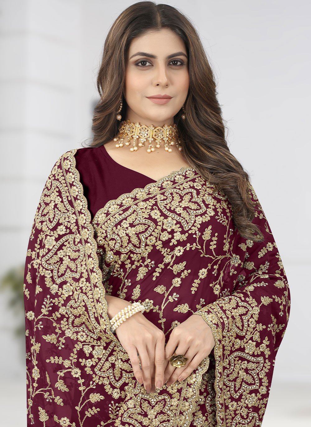 Designer Georgette Wine Diamond Saree